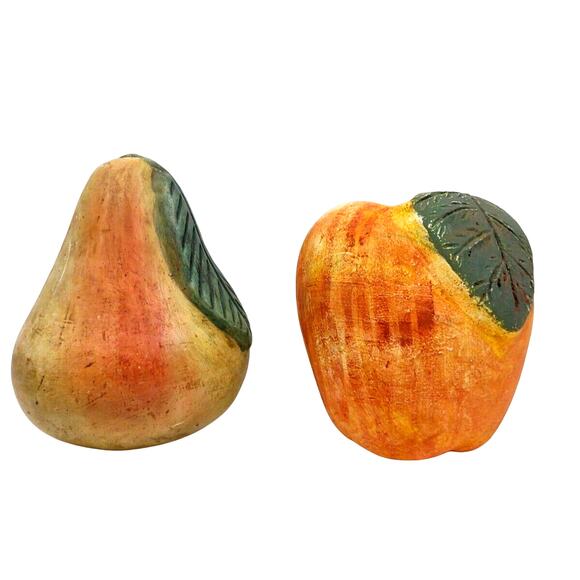 Chalked Ceramic Fruit Pair Apple and Pear Leaf Shelf Decor 6.5" Farmhouse - Picture 3 of 11